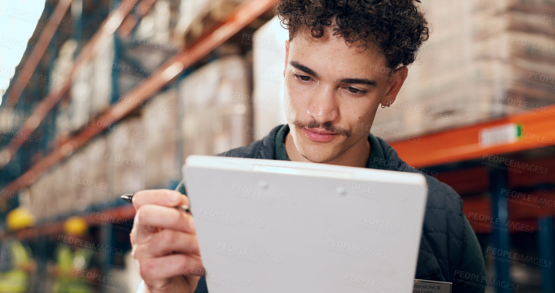 Buy stock photo Logistics, writing and man with clipboard in factory, export and quality assurance for distribution. Warehouse, notes and person with checklist for goods delivery, freight and planning for shipping