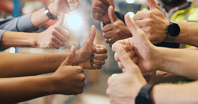 Buy stock photo Hands, people and thumbs up for logistics in warehouse with partnership, agreement and inventory. Staff, gesture and teamwork for supply chain, shipping success and achievement for cargo distribution