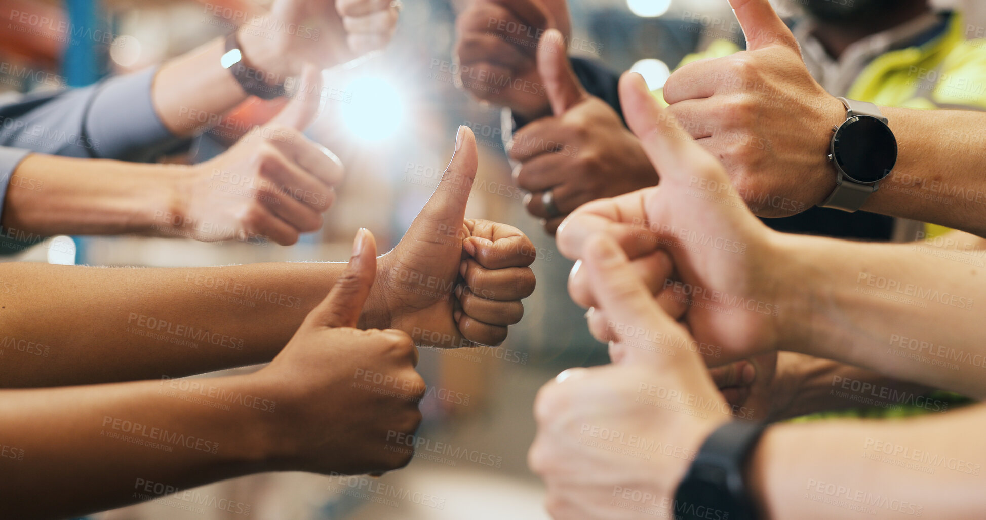 Buy stock photo Hands, people and thumbs up for logistics in warehouse with partnership, agreement and inventory. Staff, gesture and teamwork for supply chain, shipping success and achievement for cargo distribution
