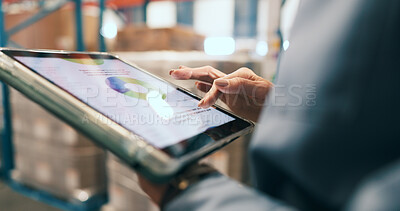 Buy stock photo Tablet, screen and hands of woman in warehouse for supply chain, inventory and stock inspection. Supervisor, factory and person with graph on digital tech for logistics, shipping and distribution