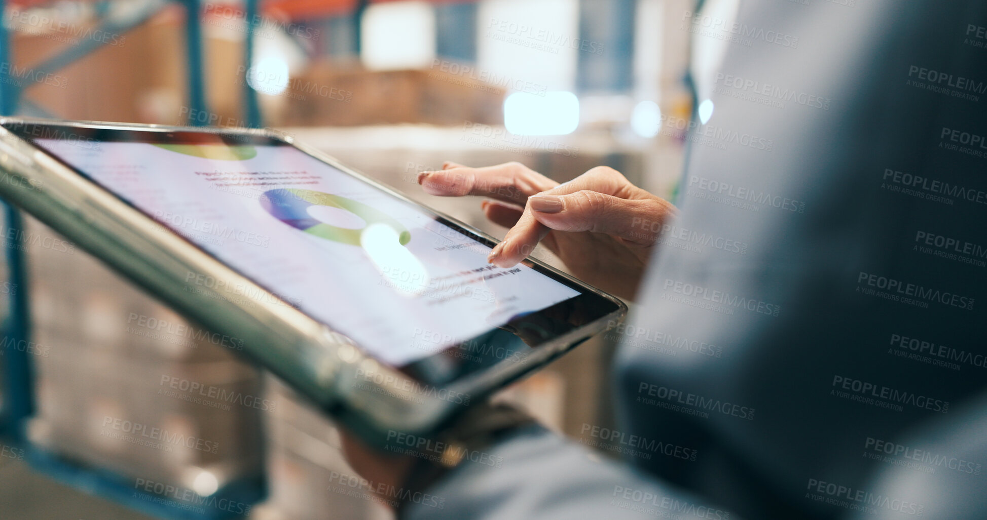 Buy stock photo Tablet, screen and hands of woman in warehouse for supply chain, inventory and stock inspection. Supervisor, factory and person with graph on digital tech for logistics, shipping and distribution