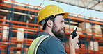 Logistics, supplier and man with radio in warehouse, supply chain and communication for distribution. Shipping, factory and person with tech for discussion, inventory or planning for stock delivery