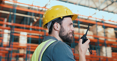 Buy stock photo Logistics, supplier and man with radio in warehouse, supply chain and communication for distribution. Shipping, factory and person with tech for discussion, inventory or planning for stock delivery