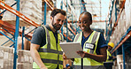 Logistics, tablet and teamwork with people in warehouse for distribution or shipping schedule. App, collaboration and conversation with supply chain employees in plant for inventory management