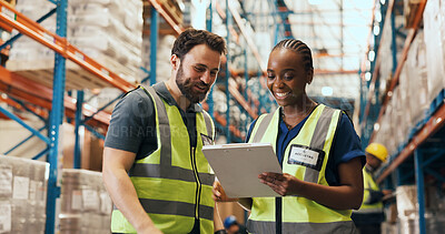 Buy stock photo Logistics, tablet and teamwork with people in warehouse for distribution or shipping schedule. App, collaboration and conversation with supply chain employees in plant for inventory management