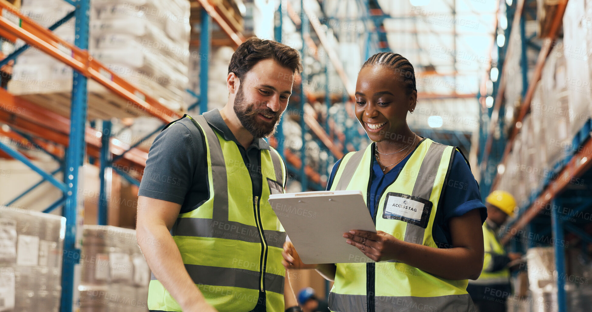 Buy stock photo Logistics, tablet and teamwork with people in warehouse for distribution or shipping schedule. App, collaboration and conversation with supply chain employees in plant for inventory management
