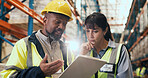 Logistics, tablet and talking with team in warehouse for distribution or shipping schedule. App, collaboration and conversation with supply chain with mature people in plant for inventory management