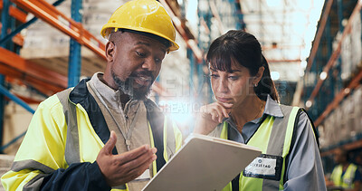 Buy stock photo Logistics, tablet and talking with team in warehouse for distribution or shipping schedule. App, collaboration and conversation with supply chain with mature people in plant for inventory management