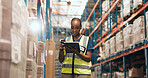 Logistics, tablet and black woman in warehouse with scanner for stock control, inventory and records. Tech, distribution and person with barcode reader for storage update, shipping and order or flare