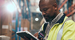 Logistics, tablet and black man in warehouse with scanner for stock control, inventory and records. Tech, distribution and person with barcode reader for storage update, shipping and order or flare