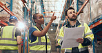 Business people, pointing and boxes with blueprint for storage expansion, construction or improvement. Man, woman or contractor showing suggestion with idea for shipping depot or supply chain growth