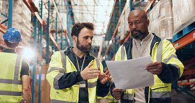 Buy stock photo Supply chain, paper and men in warehouse, talking and planning for export, feedback and distribution. Employees, teamwork or people in factory, meeting or import schedule for logistics or inspection