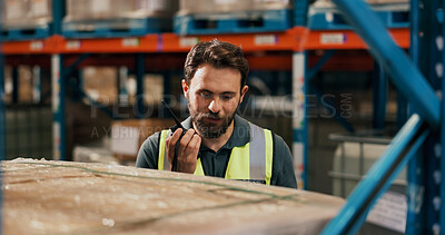 Buy stock photo Businessman, contractor or talking with radio in warehouse for logistics or supply chain safety. Man, supplier or distributor speaking with audio signal or communication for freight security in depot
