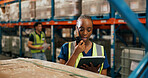 Woman, radio and tablet at warehouse for logistics with talk, schedule and inventory management at shelf. Person, tech and communication with checklist, application and supply chain at storage plant