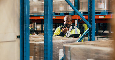 Buy stock photo Warehouse, radio and man with tablet for shipping, inventory update or conversation for supply chain. Mature black person, logistics and talking with technology for communication, storage and stock