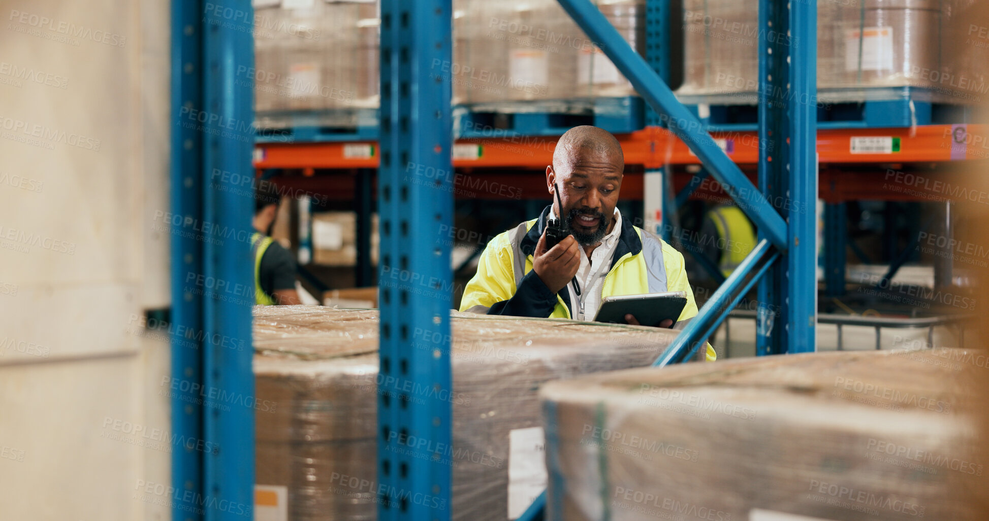 Buy stock photo Warehouse, radio and man with tablet for shipping, inventory update or conversation for supply chain. Mature black person, logistics and talking with technology for communication, storage and stock