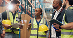 Logistics, meeting and people in warehouse with discussion for stock control, inventory and records. Tech, distribution and team with ecommerce for storage update, shipping and order or flare