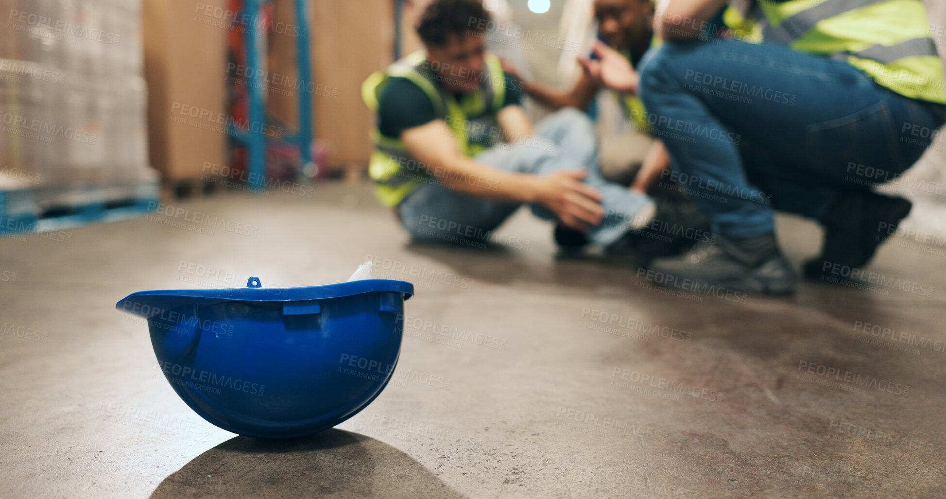 Buy stock photo Helmet, slip and employee with injury in warehouse, logistics and stock distribution or supply chain. Shipping, loader and person with muscle tension, workplace accident and safety risk in factory