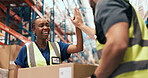 Woman, team and high five at warehouse for logistics with success, achievement and motivation for goals. People, celebration and happy with inventory management, shipping and distribution at plant