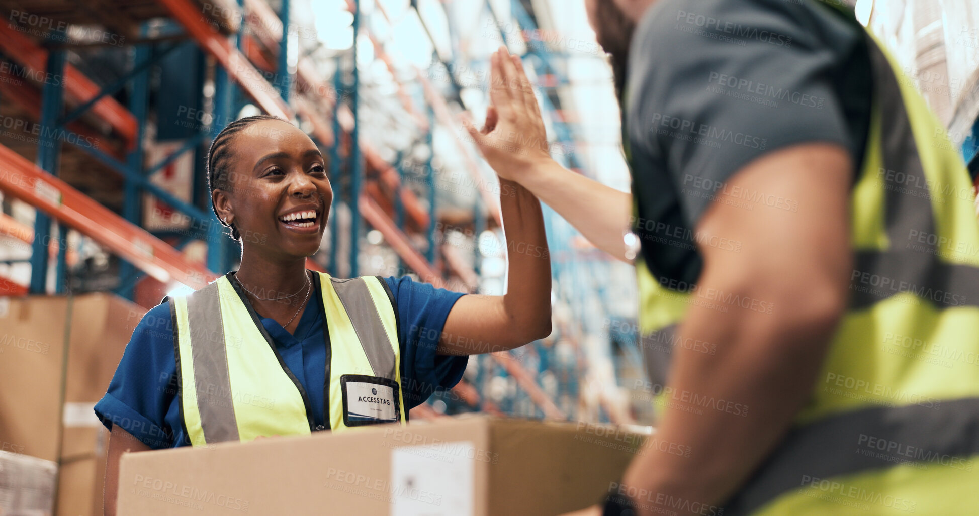 Buy stock photo Woman, team and high five at warehouse for logistics with success, achievement and motivation for goals. People, celebration and happy with inventory management, shipping and distribution at plant
