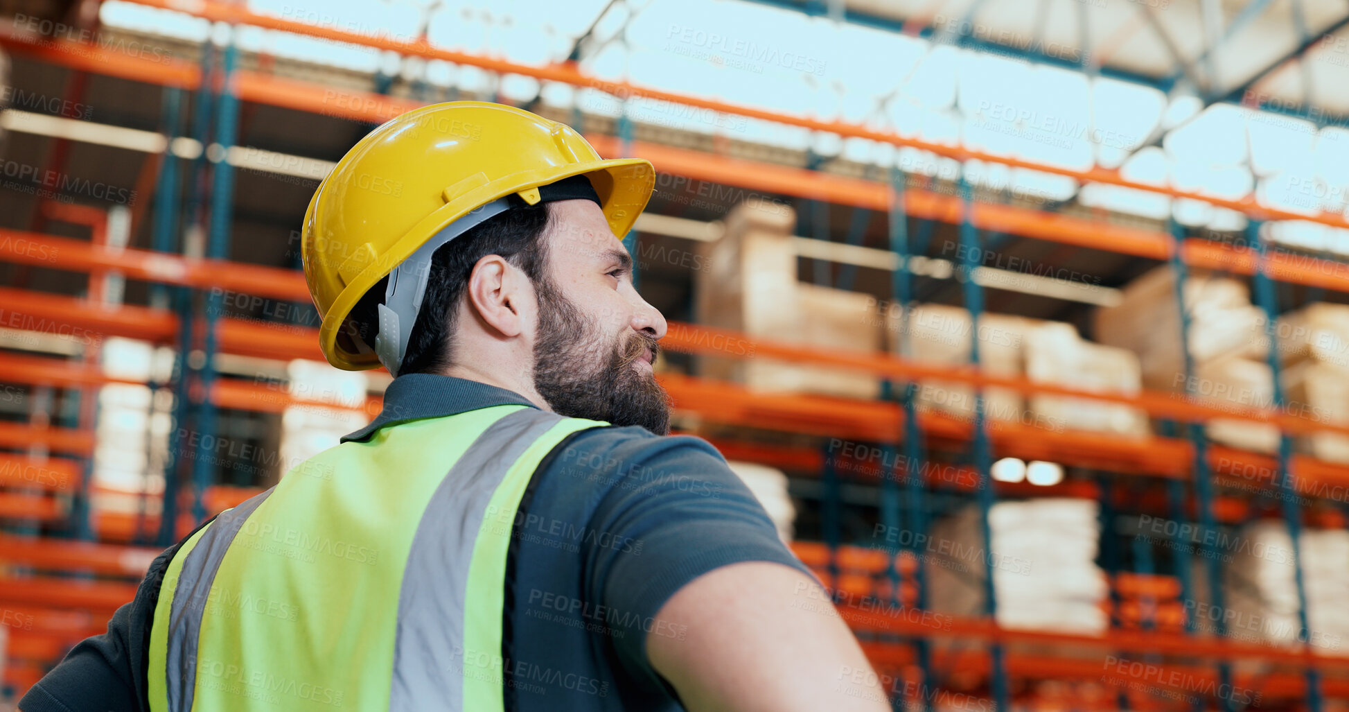 Buy stock photo Man, thinking and happy for logistics at warehouse with inspection, distribution or check shelves. Person, perspective and smile with inventory management, shipping or supply chain at storage plant
