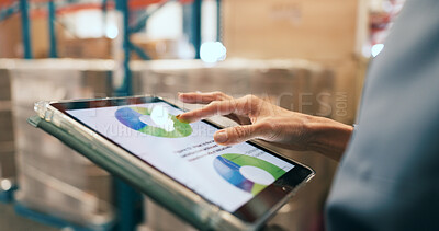 Buy stock photo Logistics, graphs or hands in warehouse with tablet screen, inventory or data audit in stock check. Distribution, woman or depot manager with tech, stats growth or product control in supply chain.