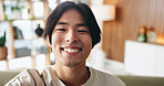 Portrait, man and happy with selfie in home for social media post, status update or college break. Student, asian person and photography in apartment for profile picture, university recess or weekend