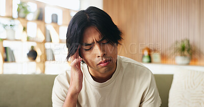 Buy stock photo Sick, man and headache in home with fatigue, unemployment crisis and symptoms of medical problem. Tired, person and migraine in living room with health issue, pain and burnout from jobless stress.