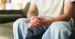 Hands, nervous and therapy with person on sofa for guidance, grief or trauma counselling. Anxiety, concern and worry with patient in psychology session for communication, conversation or healing