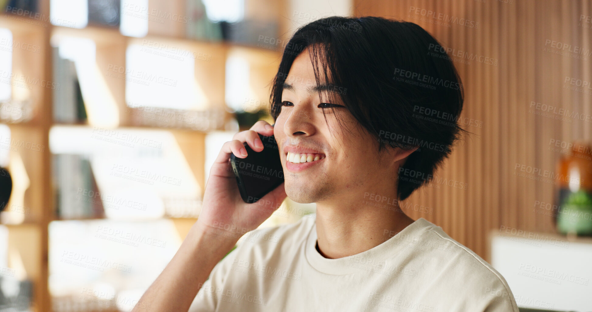 Buy stock photo Smile, Asian man and student with phone call in home for discussion, study agenda and feedback. Male person, mobile or contact college for course enrollment, education consultation and admission chat