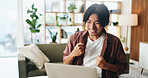 Happy man, winning and laptop with good news in home for project success or achievement. Excited, male person or winner with smile, fist pump or computer for promotion, bonus or victory in house