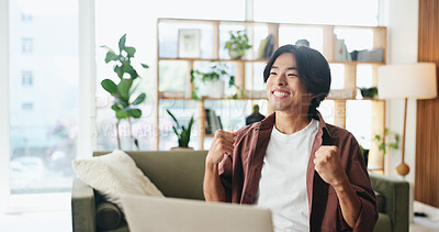 Buy stock photo Excited, man or winning with laptop in home for good news, project success or achievement. Happy, male person or asian winner with smile, fist pump or computer for bonus promotion or victory in house
