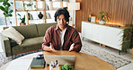 Man, consultant or remote work with headset for video call, customer service or online advice. Male person, asian agent or freelancer talking on computer for virtual chat or online meeting in home