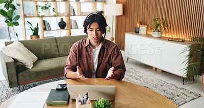 Buy stock photo Man, consultant or remote work with headset for video call, customer service or online advice. Male person, asian agent or freelancer talking on computer for virtual chat, webinar or meeting in home