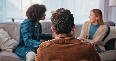 Buy stock photo Psychologist, man or couple therapy with conflict in office for infidelity, relationship assessment or advice. Back, doctor or people with fight in counseling for betrayal, divorce or marriage crisis
