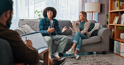 Buy stock photo Therapy, fight and consulting with couple in office for conflict resolution, support and help. Relationship counseling, psychology solution and marriage discussion with man and woman in clinic