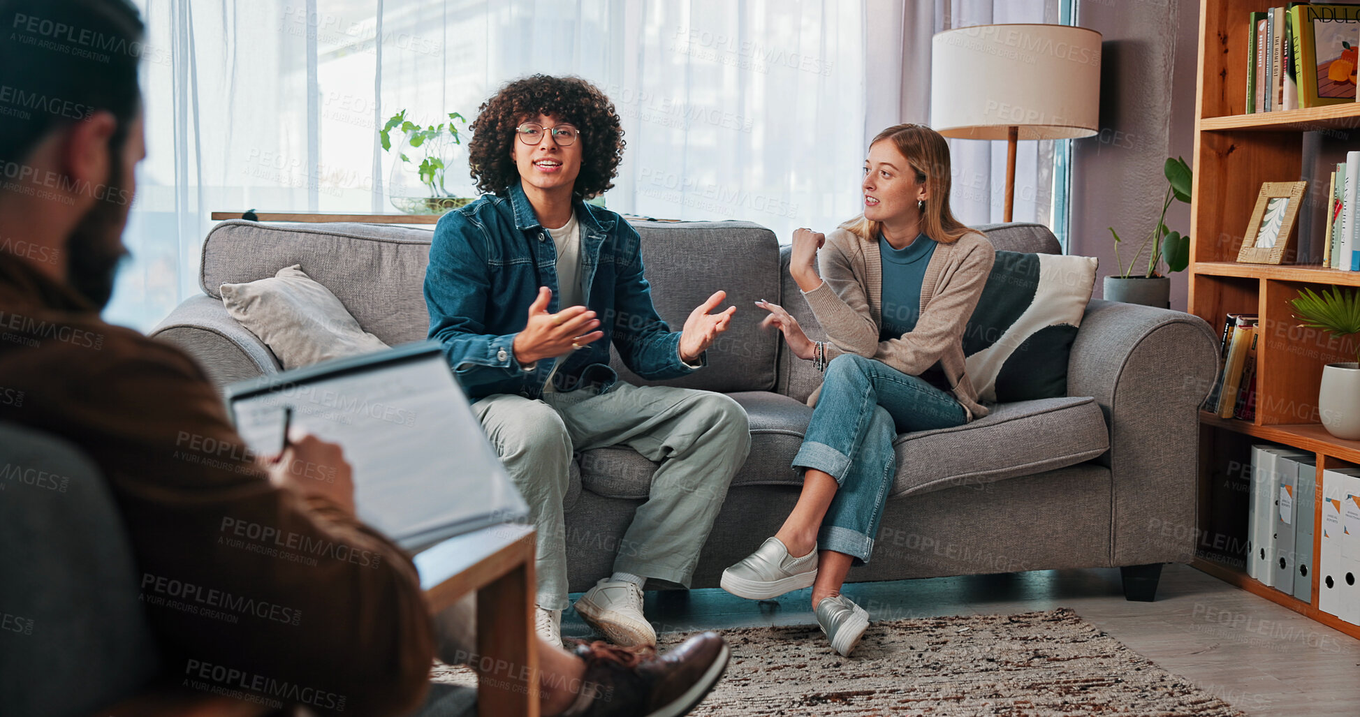 Buy stock photo Therapy, fight and consulting with couple in office for conflict resolution, support and help. Relationship counseling, psychology solution and marriage discussion with man and woman in clinic