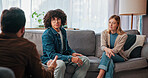 Therapy, discussion and advice with couple in office for conflict resolution, support and help. Relationship counseling, psychology solution and marriage tips with man and woman in clinic for talk
