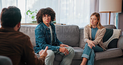 Buy stock photo Therapy, discussion and advice with couple in office for conflict resolution, support and help. Relationship counseling, psychology solution and marriage tips with man and woman in clinic for talk