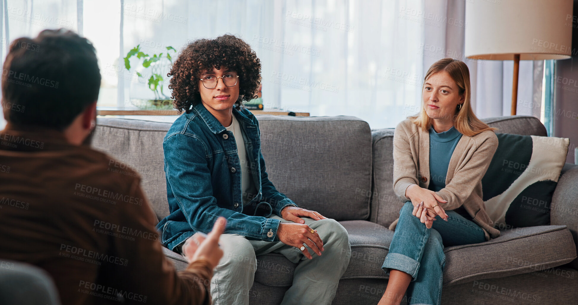 Buy stock photo Therapy, discussion and advice with couple in office for conflict resolution, support and help. Relationship counseling, psychology solution and marriage tips with man and woman in clinic for talk