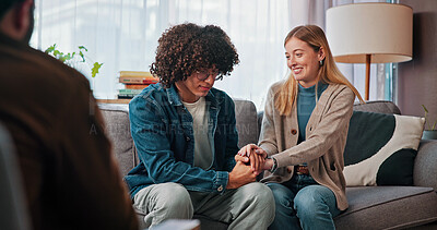 Buy stock photo Psychology, couple or holding hands in counseling for care, love or advice for resolution in session. Man, woman or consultation with therapist for marriage solution, support or smile in office