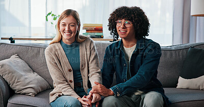Buy stock photo Psychology, happy couple and holding hands in consultation for love, support or reconciliation. Man, woman or counseling for advice in therapy, save marriage or help with interracial people in office