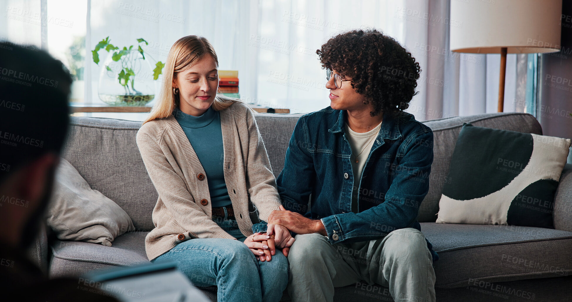 Buy stock photo Help, couple and holding hands in therapy for love, support or advice for relationship. Man, woman or consultation with psychologist for marriage, guidance or counseling in office for mental health