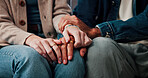 Couple, therapy and holding hands for support, trust and commitment for relationship, love and care. Counseling, appointment and affection for partner, people and waiting for consultation or help