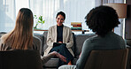 Therapy, smile and counseling with couple in office for healing, support and help. Relationship therapist, psychology solution and marriage partner with man and woman in clinic for advice session