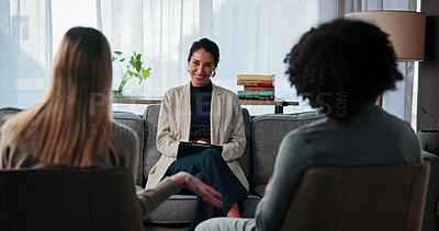 Buy stock photo Therapy, smile and counseling with couple in office for healing, support and help. Relationship therapist, psychology solution and marriage partner with man and woman in clinic for advice session