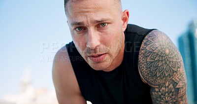 Buy stock photo Runner, breathe and portrait of tired man in city for exercise, workout or training with fatigue. Sports, sweat and person in town for rest, calm and fitness for active hobby, wellness or health