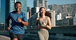 Happy friends, cardio and running on bridge, fitness and training for marathon in city and together. Outdoor, athlete and people with smile on race, wellness and workout routine for sport tournament