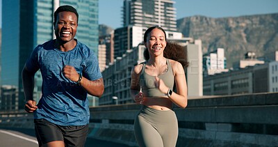 Buy stock photo Happy friends, cardio and running on bridge, fitness and training for marathon in city and together. Outdoor, athlete and people with smile on race, wellness and workout routine for sport tournament