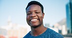 Runner, happy and portrait of black man in city for break from exercise, workout and training. Sports, smile and person in town for rest, challenge and fitness for active hobby, wellness and health